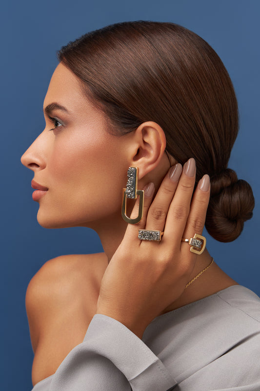 Brinco Elos - Drusa Metalizada | Semijoia Banhada a Ouro 18K