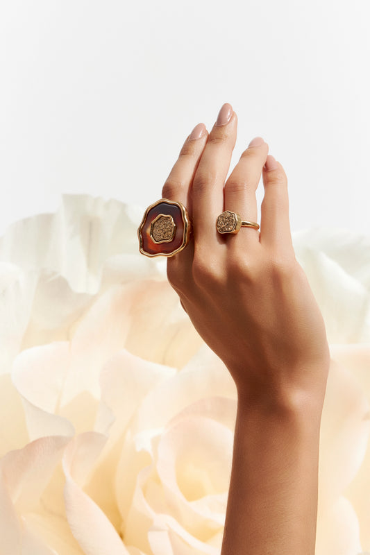 Anel Anthera - Ágata Vermelha e Drusa Ouro