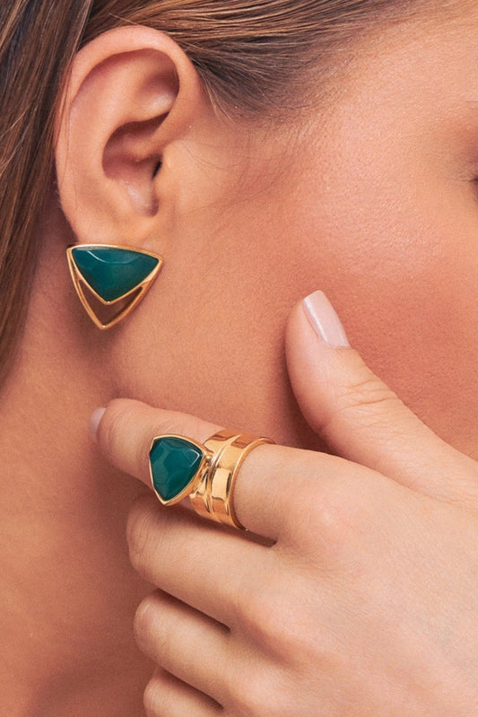 Anel Equilíbrio Ágata Verde Banhado a Ouro