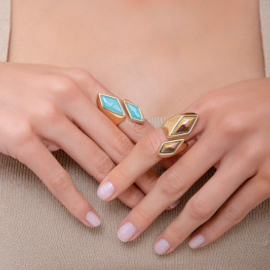 Anel Jasmim Ágata Azul Céu Banhado a Ouro 18K - Aimer Joias