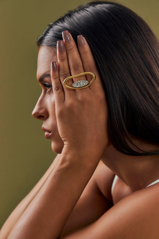 Anel Reconectar Drusa Platina em Banho de Ouro 18K