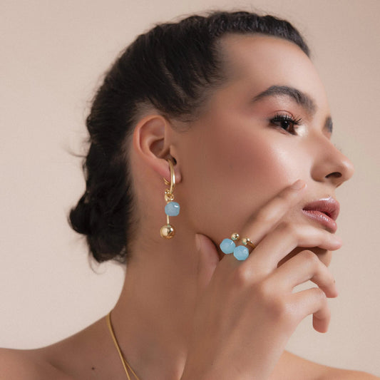 Anel Sintonia Ágata Azul Céu Banhado a Ouro 18K