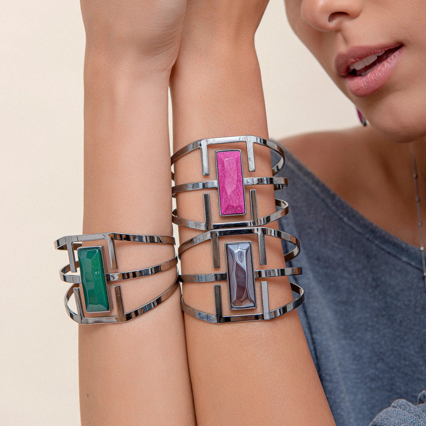 Bracelete Ópera Ágata Verde Banhado a Ródio Negro