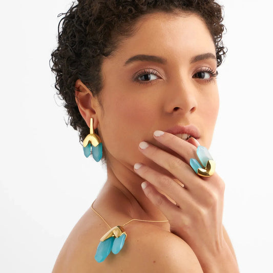 Brinco Élémentaire Ágata Azul Céu Banhado a Ouro 18k