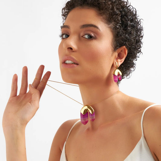 Brinco Élémentaire Ágata Rosa Pink Listrada Banhado a Ouro 18k