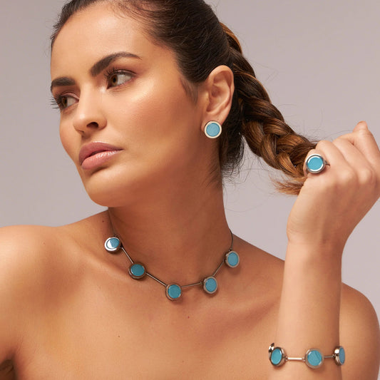 Colar Magnífico Ágata Azul Céu chapa Banhado a Ródio