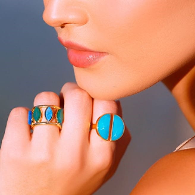 Anel Bem Me Quer - Feldspato Azul Anil/ Ágata Verde Semijoias de luxo e design exclusivo