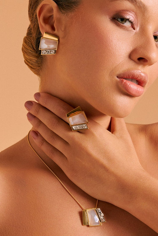 Anel Cascata - Ágata Branca e Drusa Platina Semijoias de luxo e design exclusivo