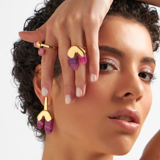 Anel Élémentaire - Ágata Rosa Pink Listrada Semijoias de luxo e design exclusivo