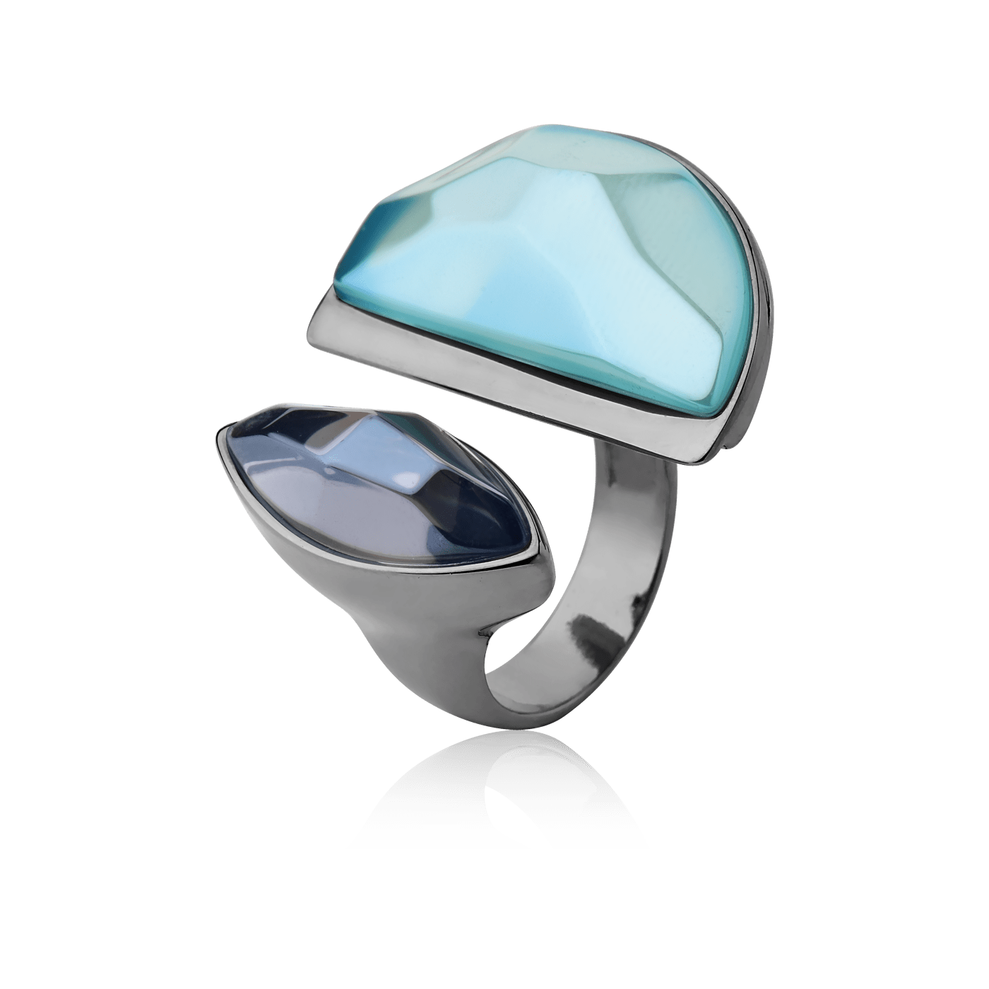 Anel Escudo Quartzo Fumê e Ágata Azul Céu Banhado a Ródio Semijoias de luxo e design exclusivo