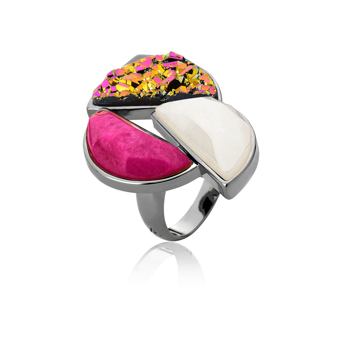 Anel Impacto - Porcelana Branca/Feldspato Rosa Pink/Drusa Multicolorida Semijoias de luxo e design exclusivo
