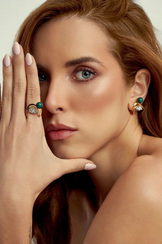 Anel Recomeço com Malaquita e Drusa Platina em Banho de Ouro 18K