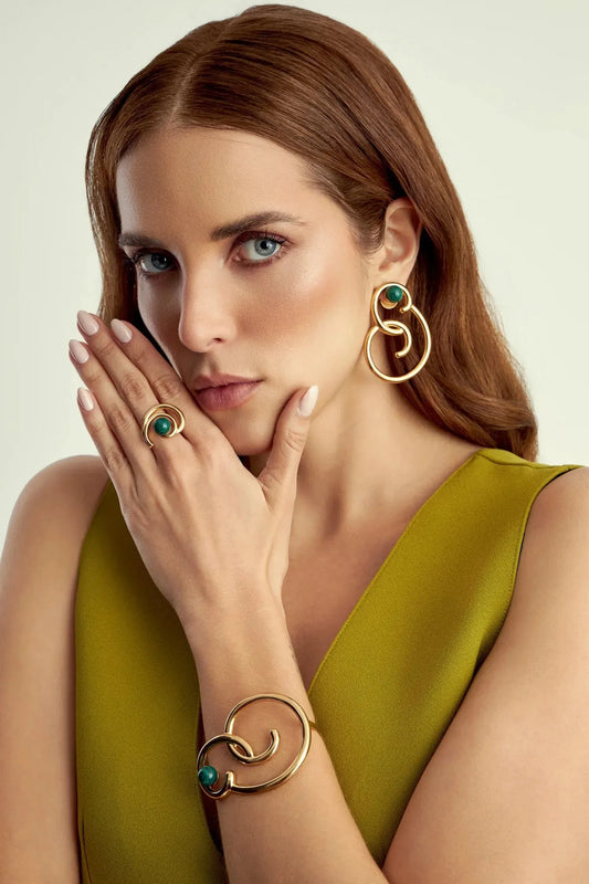 Bracelete Trajetos com Malaquita em Banho de Ouro 18K