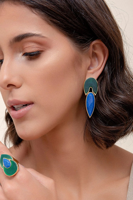 Brinco Flor de Lótus - Ágata Verde/Feldspato Azul Anil