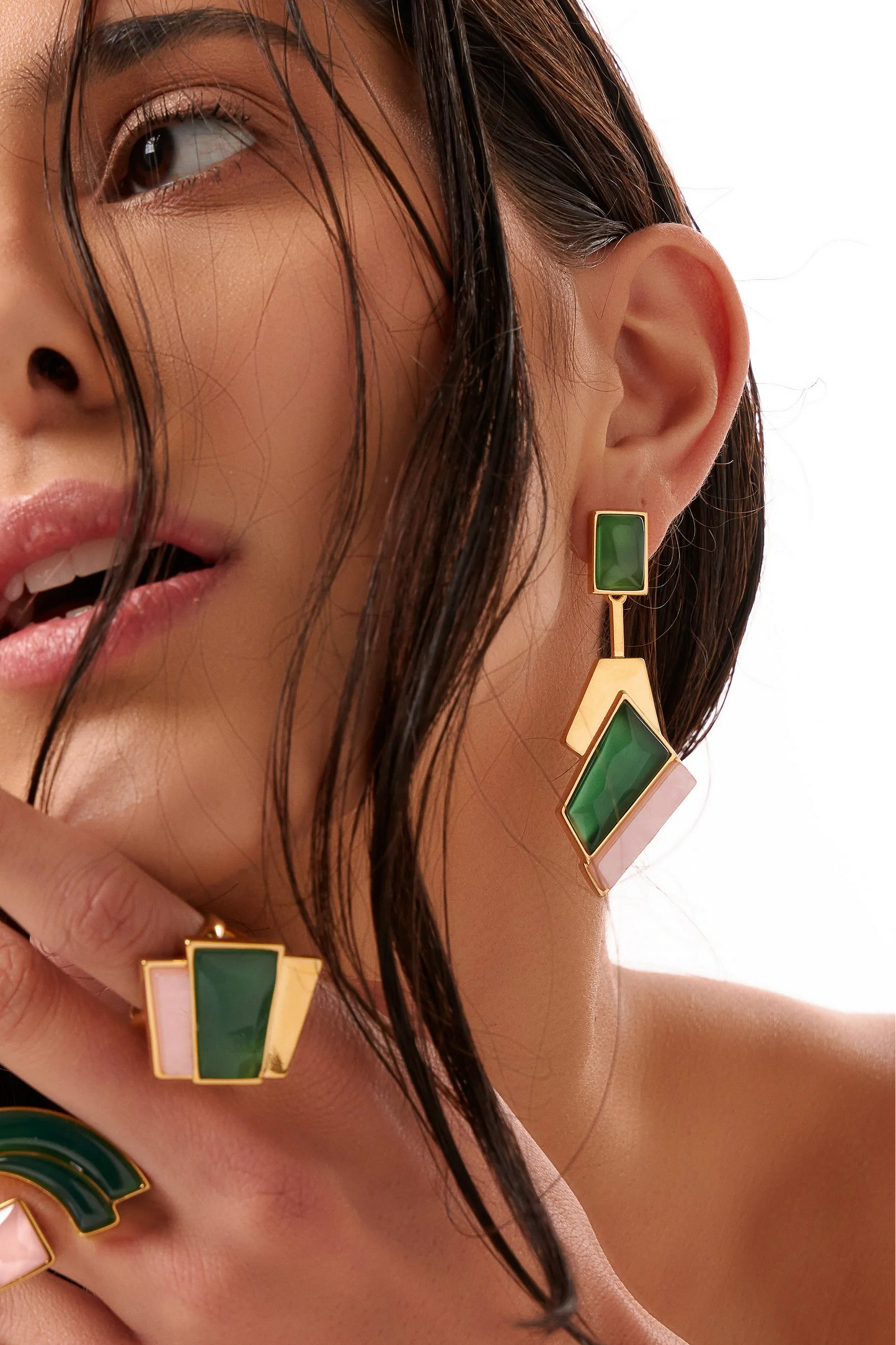 Brinco Chuva - Ágata Verde e Quartzo Rosa lateral — Ouro 18K | Aimer Joias | brinco semijoia