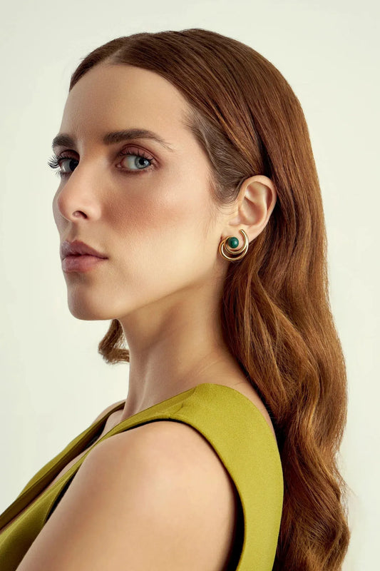 Brinco Espiral com Malaquita em Banho de Ouro 18K