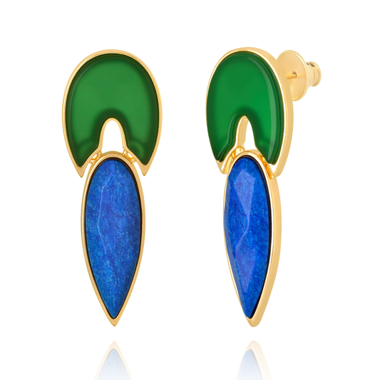 Brinco Flor de Lótus - Ágata Verde/Feldspato Azul Anil