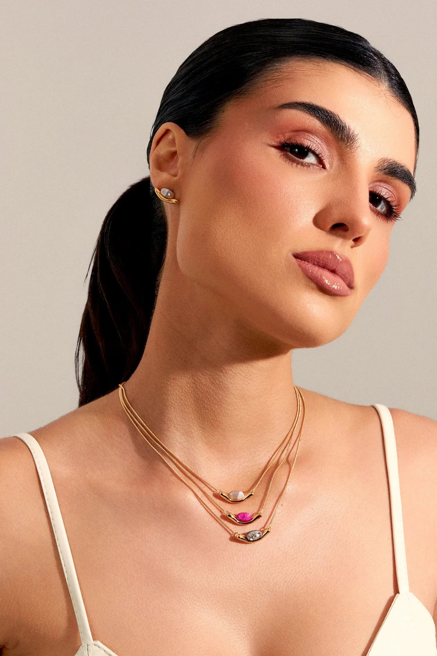 Colares Sentir - Feldspato Rosa Pink Banho de Ouro 18K