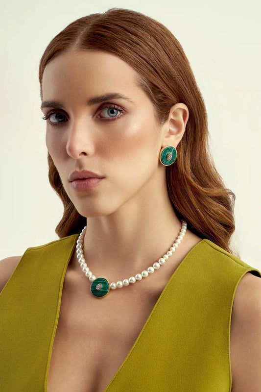 Colar Transformação com Drusa Titânio Malaquita e Pérola em Banho de Ouro 18K-