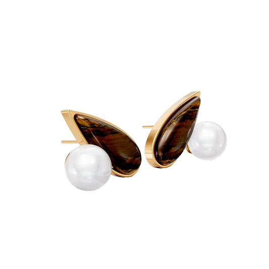 Brinco União com Olho de Tigre banhado a ouro 18k – brinco semijoia feminina com pedra natural – Coleção Formas de Amar Aimer Joias