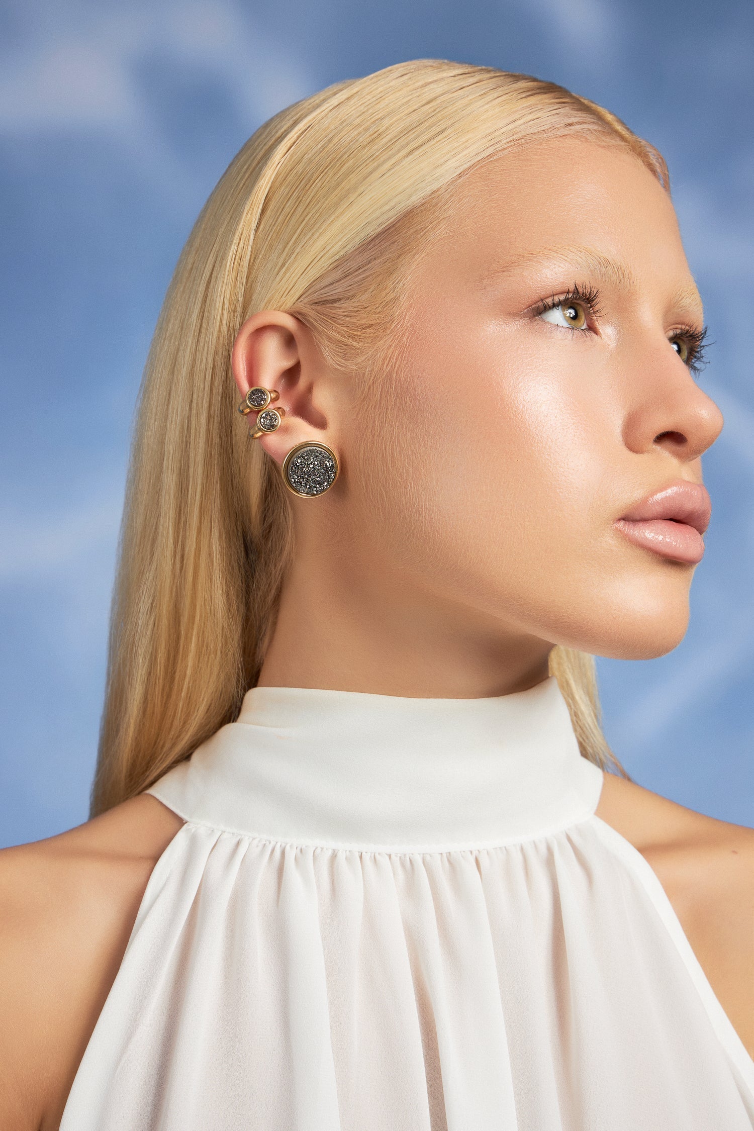 Brinco Aurora e Ear Hook Supernova — Drusa Metalizada, coleção Supernova, Aimer Joias