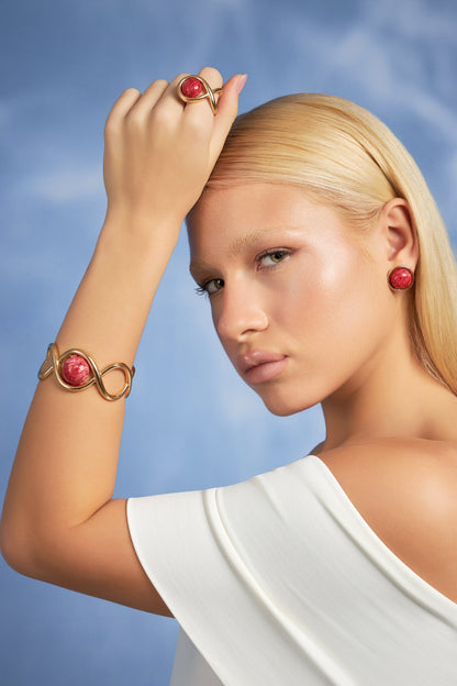 Brinco Aurora, Bracelete Supernova e Anel Supernova — Feldspato Vermelho, coleção Supernova, Aimer Joias