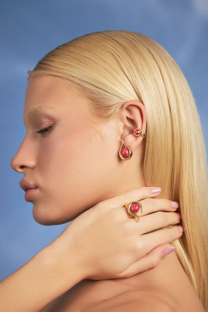 Ear Hook Supernova e Brinco Órbita — Feldspato Vermelho, coleção Supernova, Aimer Joias