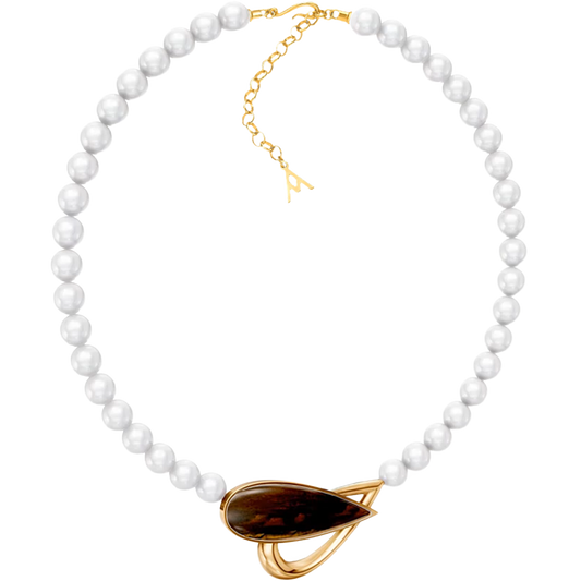 Colar Além da Forma com Olho de Tigre banhado a ouro 18k – semijoia autoral com pedra natural – Coleção Formas de Amar Aimer Joias