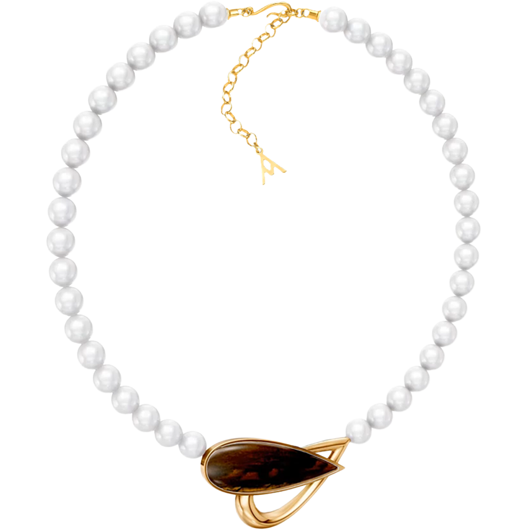 Colar Além da Forma com Olho de Tigre banhado a ouro 18k – semijoia autoral com pedra natural – Coleção Formas de Amar Aimer Joias