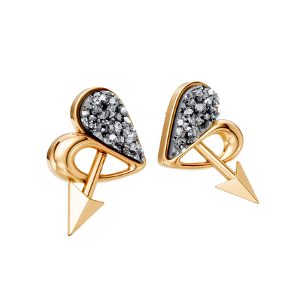 Brinco Cupido com Drusa Metalizada banhado a ouro 18k – brinco semijoia autoral design exclusivo – Coleção Formas de Amar Aimer Joias