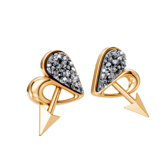 Brinco Cupido com Drusa Metalizada banhado a ouro 18k – brinco semijoia autoral design exclusivo – Coleção Formas de Amar Aimer Joias