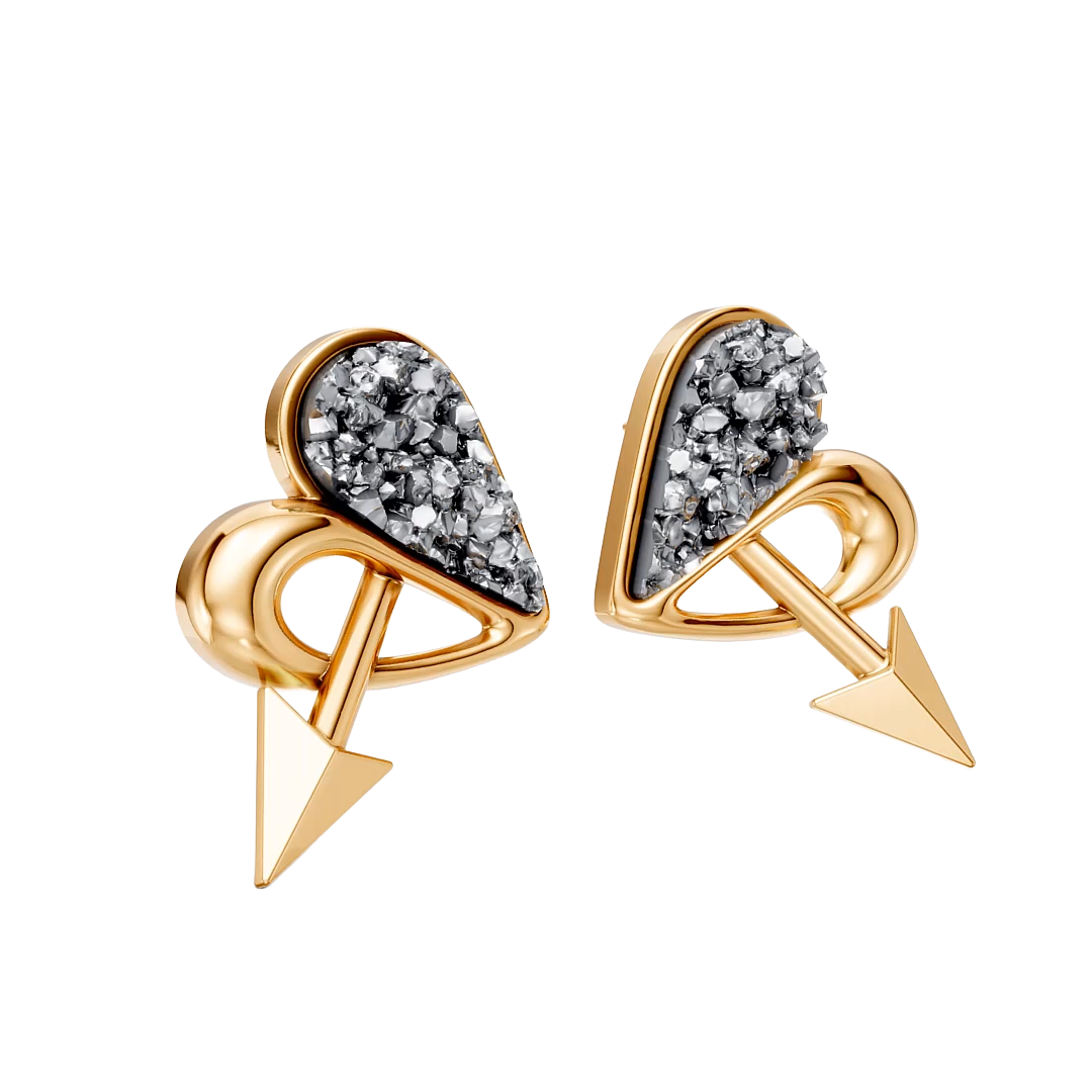 Brinco Cupido com Drusa Metalizada banhado a ouro 18k – brinco semijoia autoral design exclusivo – Coleção Formas de Amar Aimer Joias