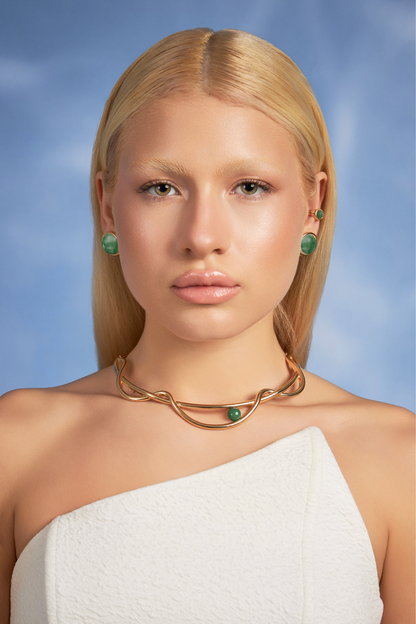 Colar Choker Aurora, Ear Hook Supernova e Brinco Aurora — Quartzo Verde, coleção Supernova, Aimer Joias