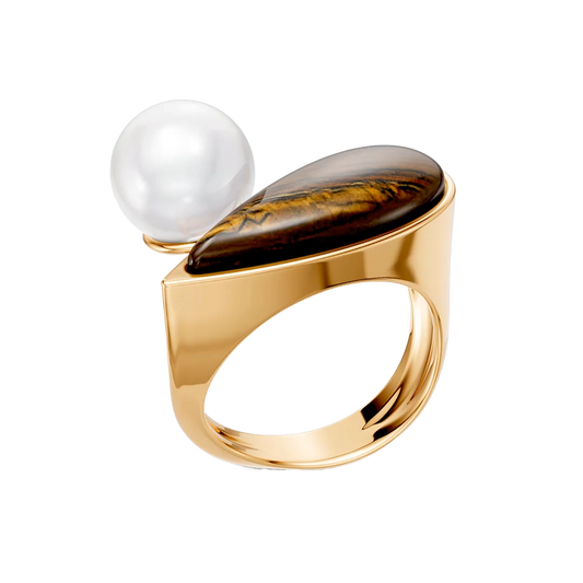 Anel União com Olho de Tigre banhado a ouro 18k – anel semijoia feminina com pedra natural protetora – Coleção Formas de Amar Aimer Joias