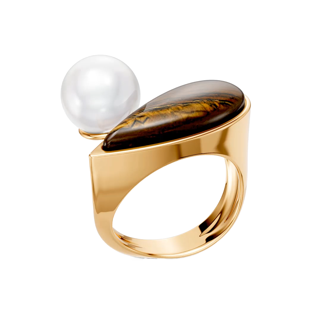 Anel União com Olho de Tigre banhado a ouro 18k – anel semijoia feminina com pedra natural protetora – Coleção Formas de Amar Aimer Joias