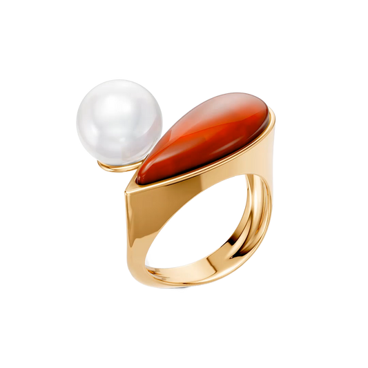 Anel União com Ágata Vermelha banhado a ouro 18k – anel semijoia autoral com pedra natural – Coleção Formas de Amar Aimer Joias