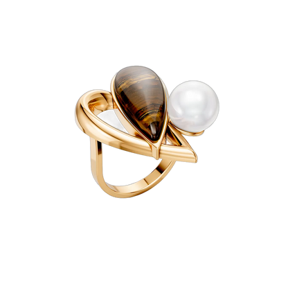 Anel Envolver com Olho de Tigre e Pérola banhado a ouro 18k – anel semijoia feminina com pedra natural – Coleção Formas de Amar Aimer Joias