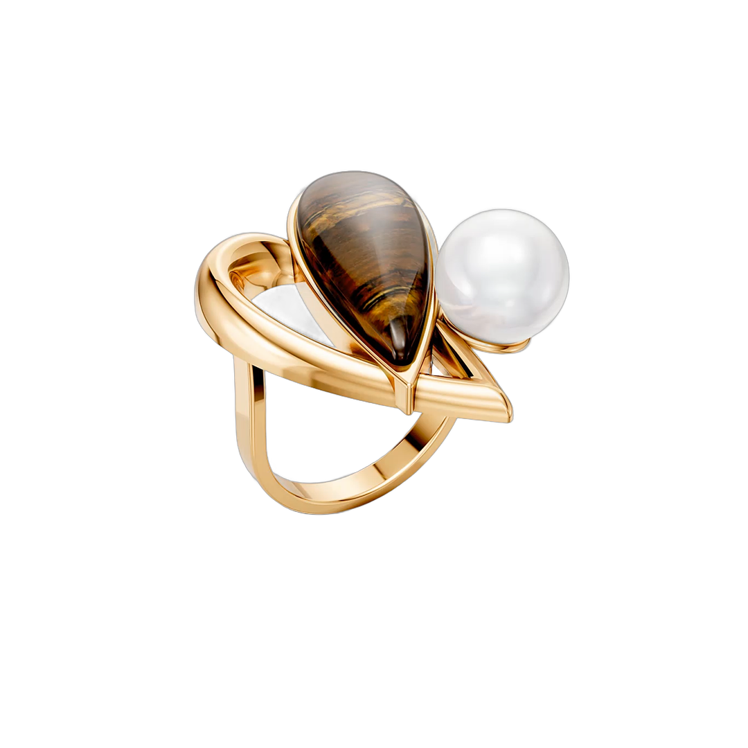 Anel Envolver com Olho de Tigre e Pérola banhado a ouro 18k – anel semijoia feminina com pedra natural – Coleção Formas de Amar Aimer Joias