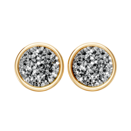 Brinco Aurora — Drusa Metalizada, semijoia banhada a ouro 18k, coleção Supernova, Aimer Joias