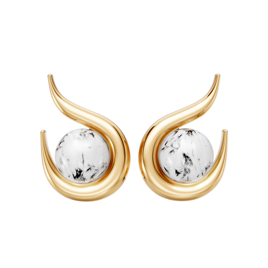 Brinco Órbita — Howlita Branca, semijoia banhada a ouro 18k, coleção Supernova, Aimer Joias