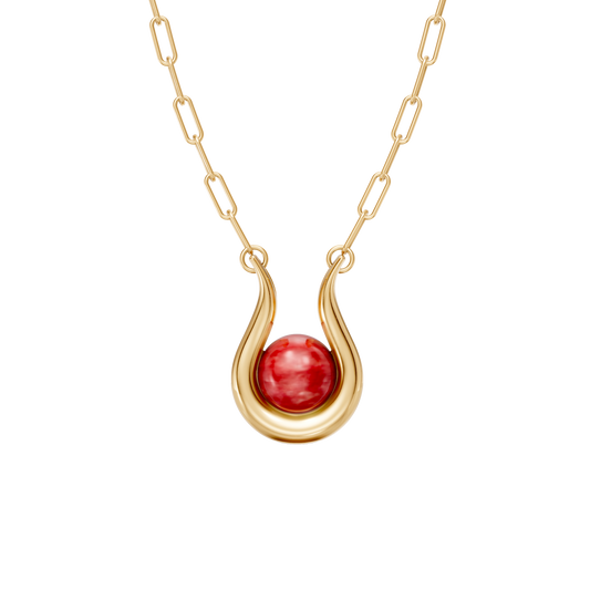 Colar Órbita — Feldspato Vermelho, semijoia banhada a ouro 18k, coleção Supernova, Aimer Joias