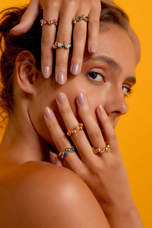 Aliança Ball com Ágata Azul Céu em Banho de Ouro 18K