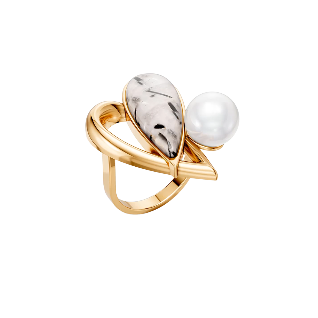 Anel Envolver com Cristal Rutilado e Pérola banhado a ouro 18k – anel semijoia autoral com pedra natural brasileira – Coleção Formas de Amar Aimer Joias