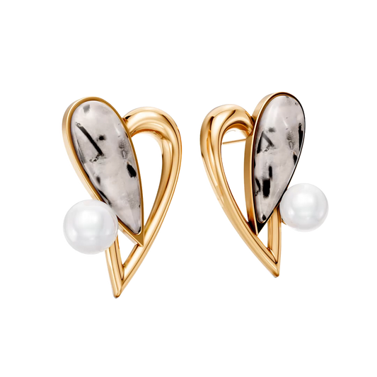 Brinco Envolver com Cristal Rutilado e Pérola banhado a ouro 18k – brinco semijoia autoral com pedra natural brasileira – Coleção Formas de Amar Aimer Joias