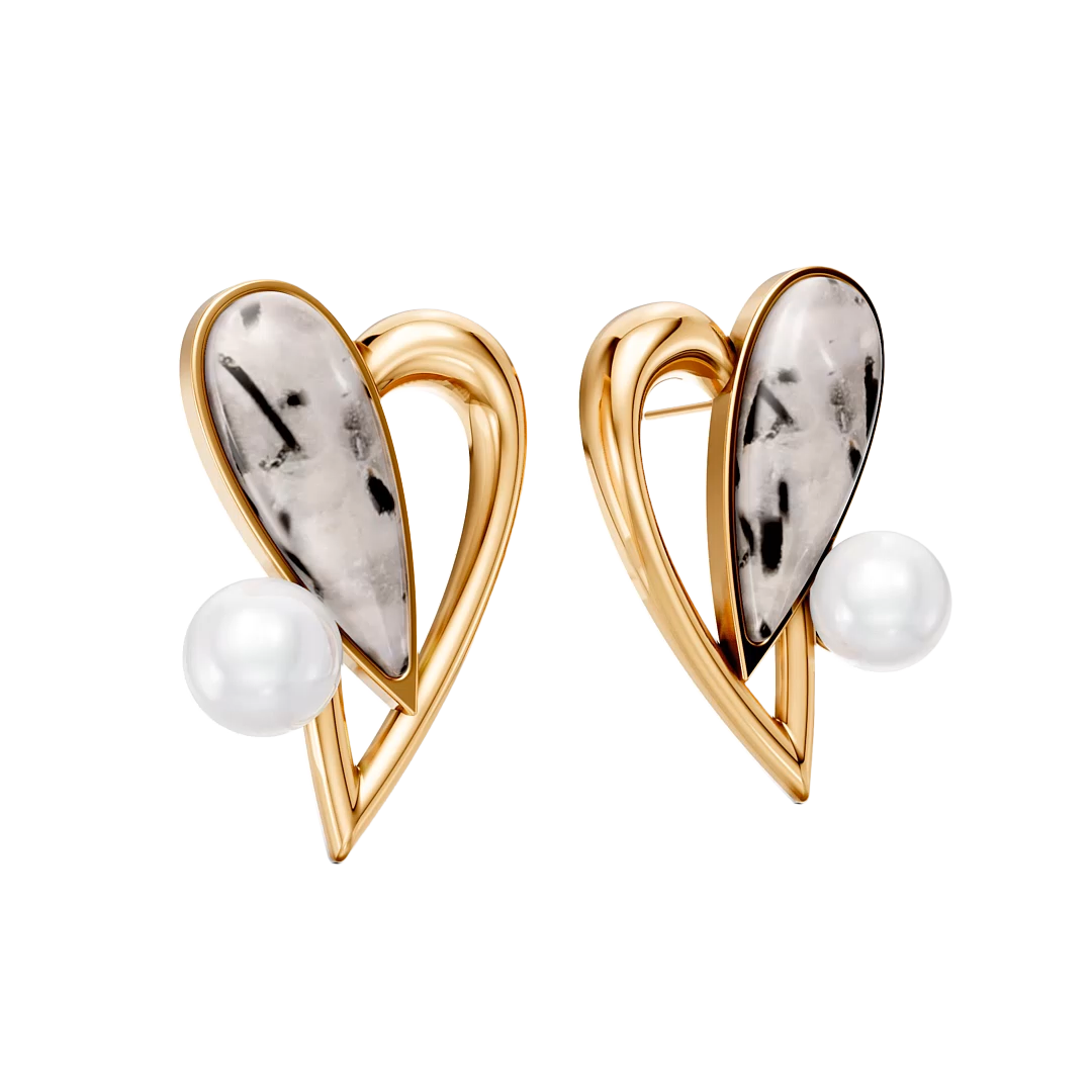 Brinco Envolver com Cristal Rutilado e Pérola banhado a ouro 18k – brinco semijoia autoral com pedra natural brasileira – Coleção Formas de Amar Aimer Joias