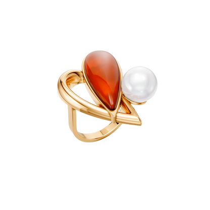 Anel Envolver com Ágata Vermelha e Pérola banhado a ouro 18k – anel semijoia autoral com pedra natural – Coleção Formas de Amar Aimer Joias
