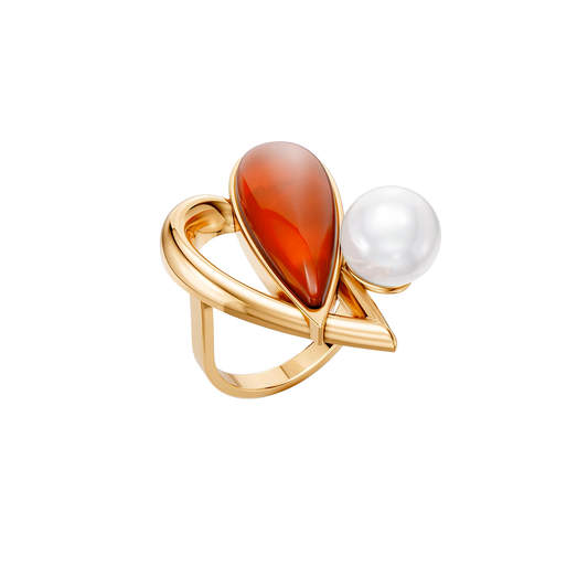 Anel Envolver com Ágata Vermelha e Pérola banhado a ouro 18k – anel semijoia autoral com pedra natural – Coleção Formas de Amar Aimer Joias