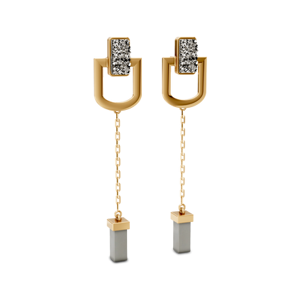Brinco Presença com Drusa Metalizada banhado a ouro 18k – semijoia pendente feminina elegante – Coleção Elos Aimer Joias