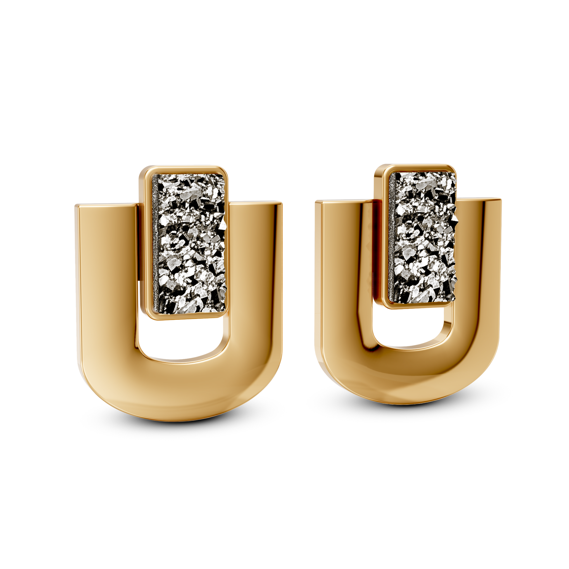 Brinco Estrutura com Drusa Metalizada banhado a ouro 18k – semijoia arquitetônica feminina – Coleção Elos Aimer Joias