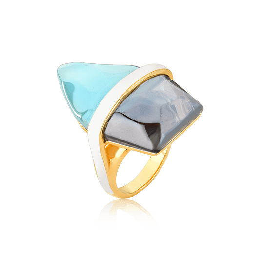 Anel Aminatu - Ágata Azul Céu/Quartzo Fumê Semijoias de luxo e design exclusivo